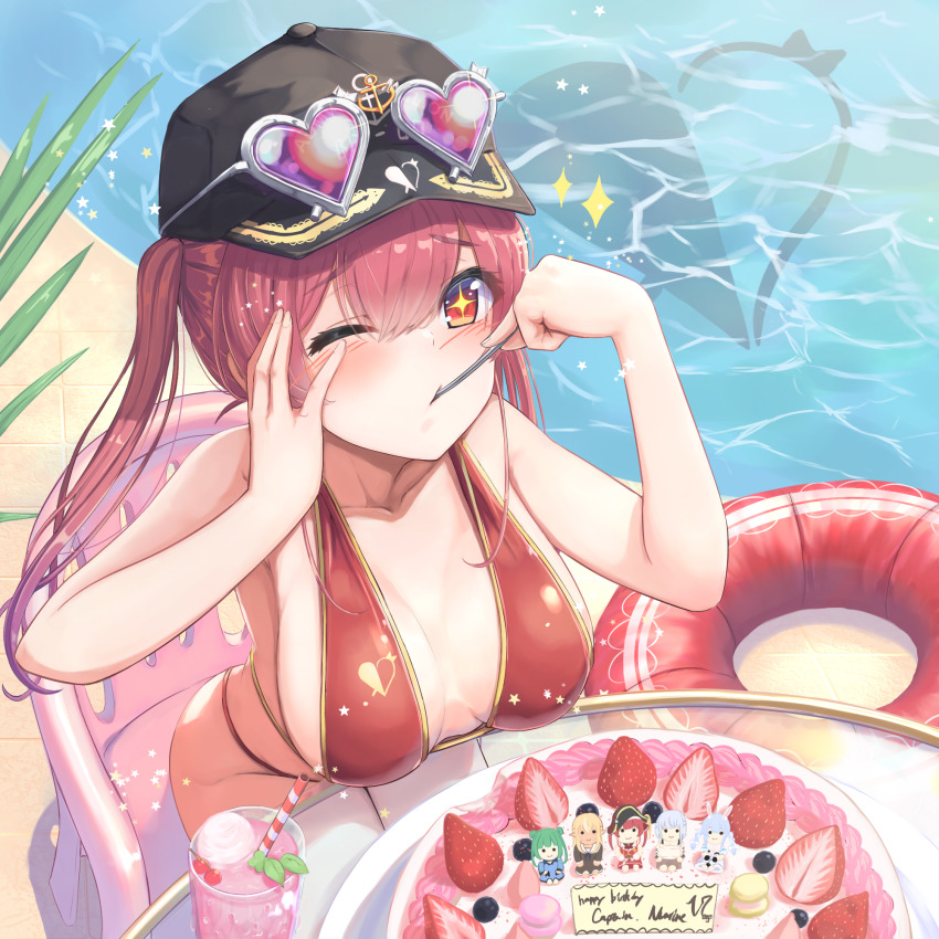 1girl anchor_symbol arrow_through_heart baseball_cap beach bikini birthday birthday_cake black_hat blueberry blush breasts cake cherry cup drinking_glass drinking_straw eating eyewear_on_headwear food food_in_mouth foodgasm from_above fruit hair_between_eyes happy_birthday hat heart heart-shaped_eyewear highres hololive houshou_marine houshou_marine_(summer) ice_cream ice_cream_float innertube izu_(tea_value_lord) large_breasts looking_up macaron official_alternate_costume one_eye_closed red_bikini red_eyes red_hair shiranui_flare shirogane_noel sitting solo sparkle sparkling_eyes strawberry swim_ring swimsuit table twintails uruha_rushia usada_pekora usada_pekora_(1st_costume) utensil_in_mouth virtual_youtuber water