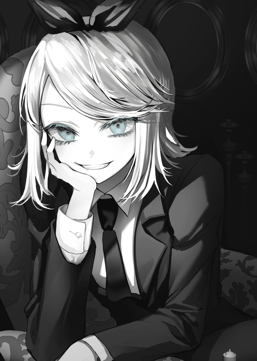 1girl blue_eyes candlestand chair collared_shirt formal_clothes greyscale grin hair_ribbon highres kagamine_rin leaning_forward leaning_on_object liso long_eyelashes monochrome necktie project_sekai ribbon shirt short_hair sitting smile solo spot_color suit teeth vocaloid