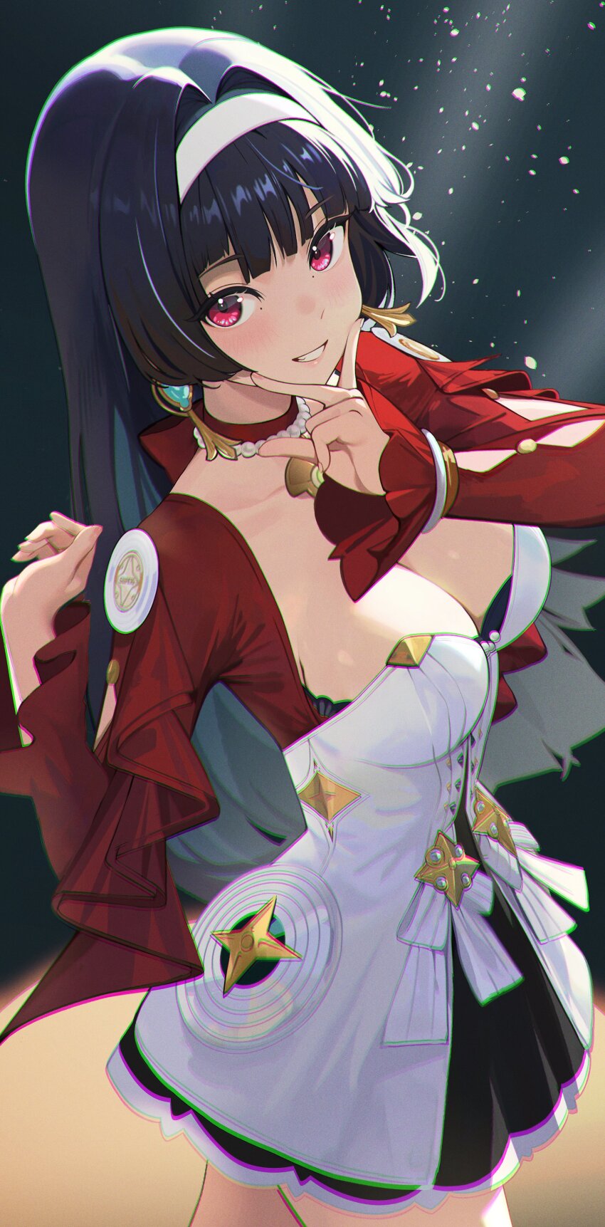 1girl absurdres astra_yao black_hair blunt_bangs blush breasts chromatic_aberration cleavage clenched_teeth cowboy_shot dress duplicate earrings fingernails gradient_background hahany highres jacket jewelry long_hair looking_at_viewer necklace open_clothes open_jacket pearl_necklace red_eyes red_jacket sidelocks smile solo teeth white_dress zenless_zone_zero