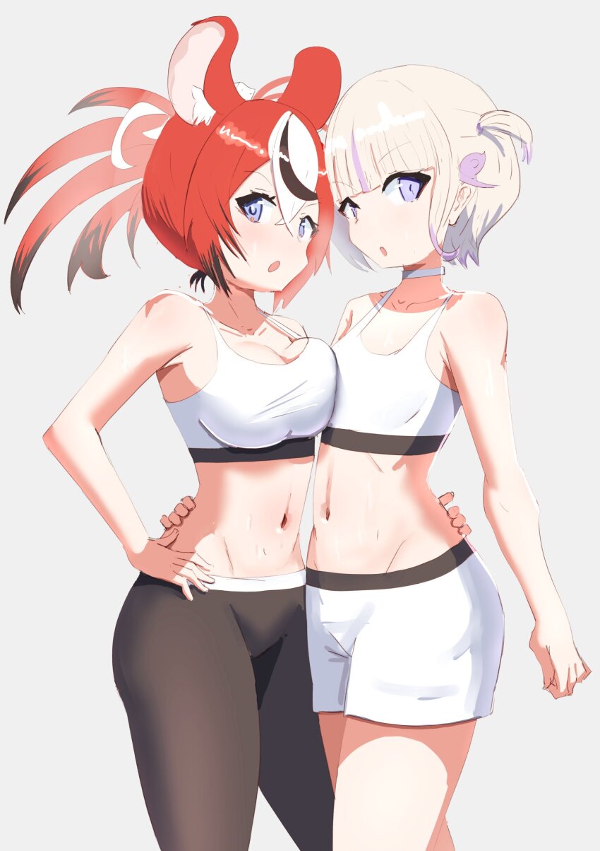 2girls :o angelchama animal_ears asymmetrical_docking black_hair black_pants blonde_hair blue_eyes breast_press breasts hakos_baelz hand_on_another&#039;s_hip highres hololive hololive_dev_is hololive_english large_breasts looking_at_viewer midriff mouse_ears mouse_girl multicolored_hair multiple_girls navel pants purple_eyes purple_hair red_hair shorts simple_background small_breasts sports_bra stomach streaked_hair todoroki_hajime twintails two_side_up virtual_youtuber white_background white_hair white_shorts white_sports_bra yoga_pants