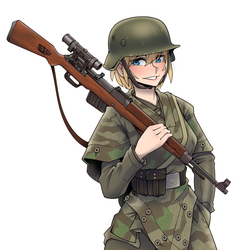 1girl absurdres belt_pouch blonde_hair blue_eyes breasts camouflage camouflage_jacket camouflage_pants gewehr_43 gun hand_in_pocket highres jacket medium_breasts original pants pouch rifle scope short_hair smile sniper_rifle solo upper_body weapon wehrmacht willy_pete