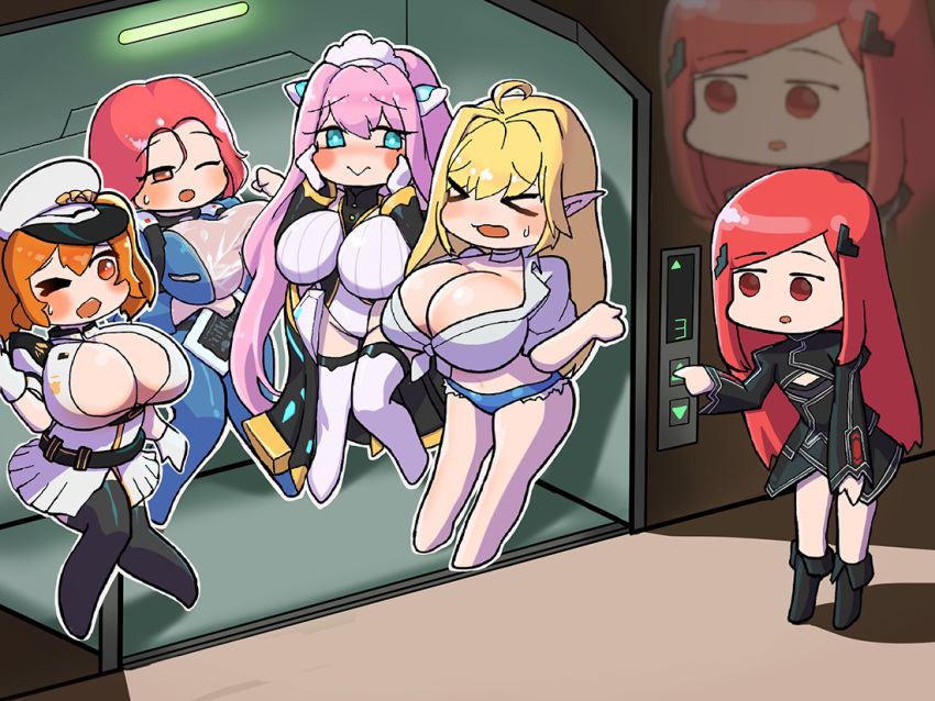 &gt;_&lt; &gt;_o 5girls :&gt; airplane_hair_ornament black_dress blonde_hair blue_eyes blush boots breast_awe breast_envy breasts bursting_breasts cerberus_(last_origin) chibi cleavage cutoffs dress elevator elf elven_forest_maker elven_forest_maker_(last_origin) fortune_(last_origin) front-tie_top full_body gloves hoyo huge_breasts last_origin micro_shorts midriff multiple_girls navel night_angel_(last_origin) one_eye_closed open_mouth orange_eyes pink_hair pointy_ears red_eyes serapias_alice shorts sweatdrop swept_bangs white_gloves