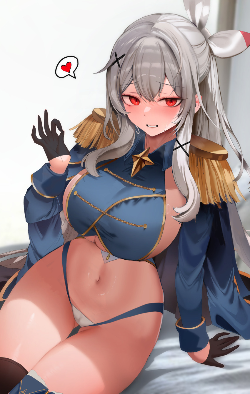 1girl absurdres black_gloves black_thighhighs blue_shirt breasts cameltoe cape clothing_cutout collared_shirt crop_top detached_sleeves epaulettes gloves gluteal_fold gold_trim grin hair_ornament hair_ribbon hand_up heart highres huge_breasts large_breasts long_hair long_sleeves looking_at_viewer navel no_pants ok_sign original panties ponytail red_eyes ribbon shirt sideboob sitting sleeveless sleeveless_shirt smile solo spoken_heart stomach sweat thigh_gap thighhighs thighs underboob underboob_cutout underwear white_hair white_panties x_hair_ornament zerocat