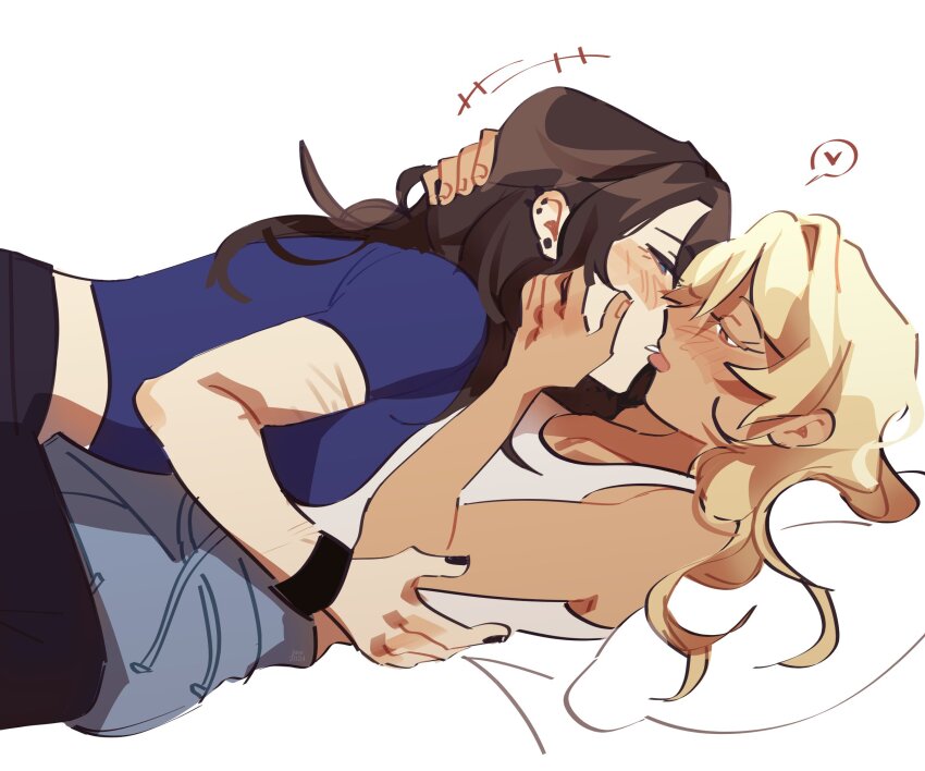 2girls alternate_hairstyle black_hair black_nails black_pants blonde_hair blue_eyes blue_shirt bracelet class_of_09 denim earrings girl_on_top hair_down hand_on_another&#039;s_face hand_on_another&#039;s_head highres jeans jecka_(class_of_09) jewelry juujjuli kiss long_hair midriff_peek multiple_girls nicole_(class_of_09) on_bed pants pillow self-harm_scar shirt simple_background sleeveless stud_earrings tan tongue tongue_out white_background white_shirt yellow_eyes yuri