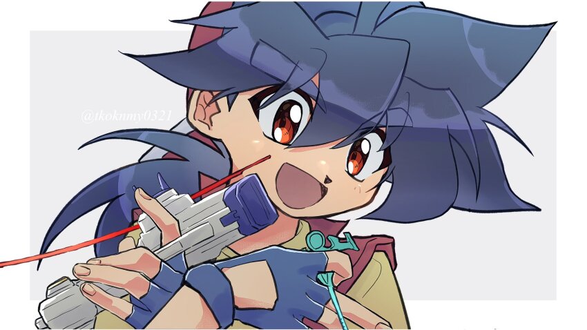 1boy bakuten_shoot_beyblade baseball_cap beyblade blue_gloves blue_hair border brown_eyes fingerless_gloves gloves grey_background hat highres holding kinomiya_takao long_hair male_focus open_mouth red_hat red_vest shirt simple_background smile solo tkoknmy0321 tongue twitter_username upper_body vest white_border yellow_shirt