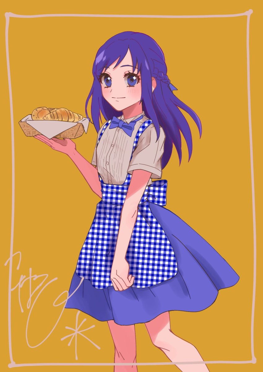 1girl alternate_costume apron arms_at_sides basket blouse blue_apron blue_bow blue_bowtie blue_eyes blue_hair blue_skirt bow bowtie braid closed_mouth cowboy_shot dokidoki!_precure flat_chest gingham gingham_apron high-waist_skirt highres hishikawa_rikka kobeya_uniform kohane_suzukasa long_hair looking_at_viewer pleated_shirt precure shirt short_sleeves simple_background single_braid skirt smile solo upper_body white_shirt yellow_background