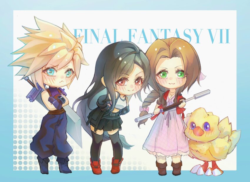 1boy 2girls :3 aerith_gainsborough baggy_pants bird black_footwear black_gloves black_hair black_skirt black_thighhighs blonde_hair blue_eyes blue_pants blue_sweater blush boots braid braided_ponytail brown_footwear brown_hair buster_sword chibi chocobo cloud_strife commentary_request copyright_name crop_top crossed_arms dress elbow_gloves feathers final_fantasy final_fantasy_vii final_fantasy_vii_rebirth final_fantasy_vii_remake full_body gloves green_eyes hair_ribbon hands_on_own_hips highres holding holding_staff jacket leaning_forward linnea_1126 long_hair looking_at_viewer low-tied_long_hair midriff miniskirt multiple_girls open_clothes open_jacket pants parted_bangs pink_dress pink_ribbon red_eyes red_footwear red_jacket ribbon short_hair single_sidelock skirt sleeveless sleeveless_turtleneck smile spiked_hair staff standing suspender_skirt suspenders sweater swept_bangs sword tank_top thighhighs tifa_lockhart turtleneck turtleneck_sweater very_long_hair weapon weapon_on_back white_tank_top yellow_feathers zettai_ryouiki