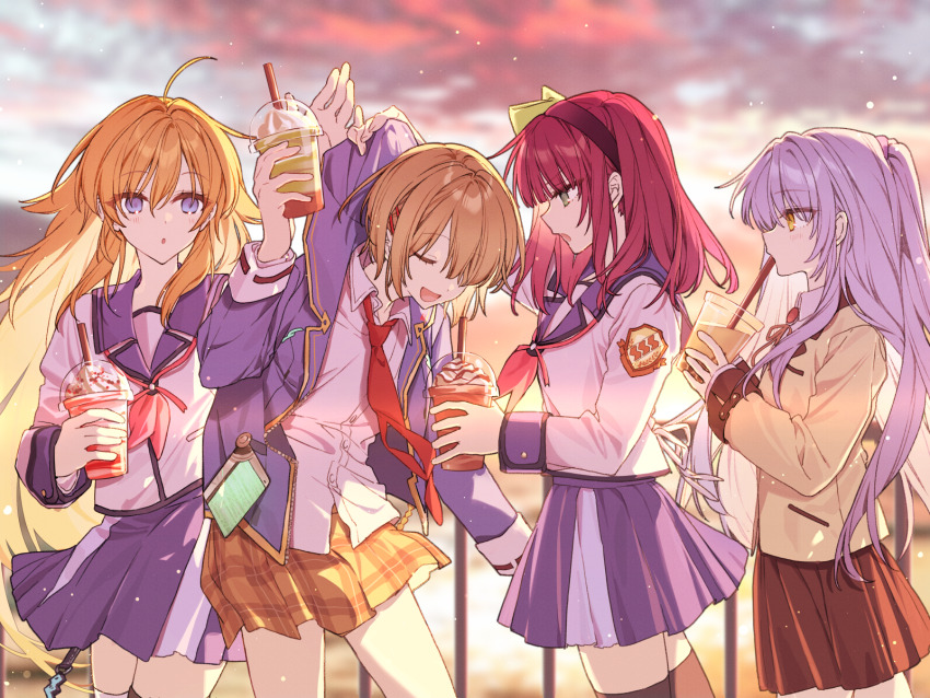 4girls angel_beats! black_thighhighs blazer blonde_hair blue_jacket brown_jacket brown_skirt closed_eyes collared_shirt cowboy_shot crossover drink from_side green_ribbon hair_ribbon hairband hanagata heaven_burns_red highres holding holding_drink jacket kayamori_ruka long_hair multiple_girls nakamura_yuri neck_ribbon necktie open_clothes open_jacket open_mouth pink_ribbon plaid_clothes plaid_skirt pleated_skirt purple_eyes purple_hair purple_hairband red_necktie revision ribbon sekine_shiori shinda_sekai_sensen_uniform shirt skirt smile tachibana_kanade thighhighs white_hair white_shirt yellow_eyes yellow_skirt