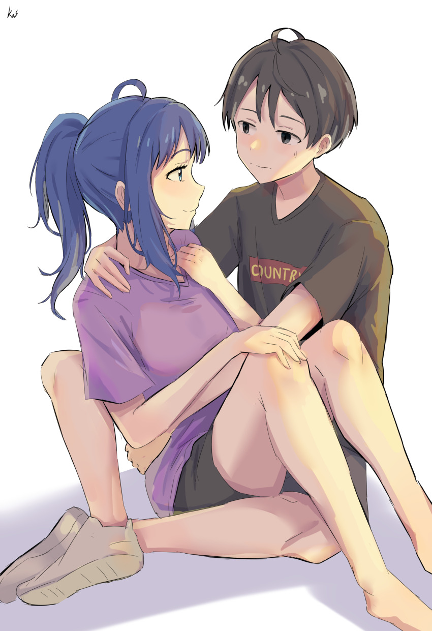 1boy absurdres ahoge black_eyes black_hair black_shirt black_shorts blue_eyes blue_hair closed_mouth hetero highres hug k2s looking_at_another make_heroine_ga_oo_sugiru! medium_hair nukumizu_kazuhiko ponytail profile purple_shirt shirt short_sleeves shorts signature sitting sitting_between_lap t-shirt yanami_anna