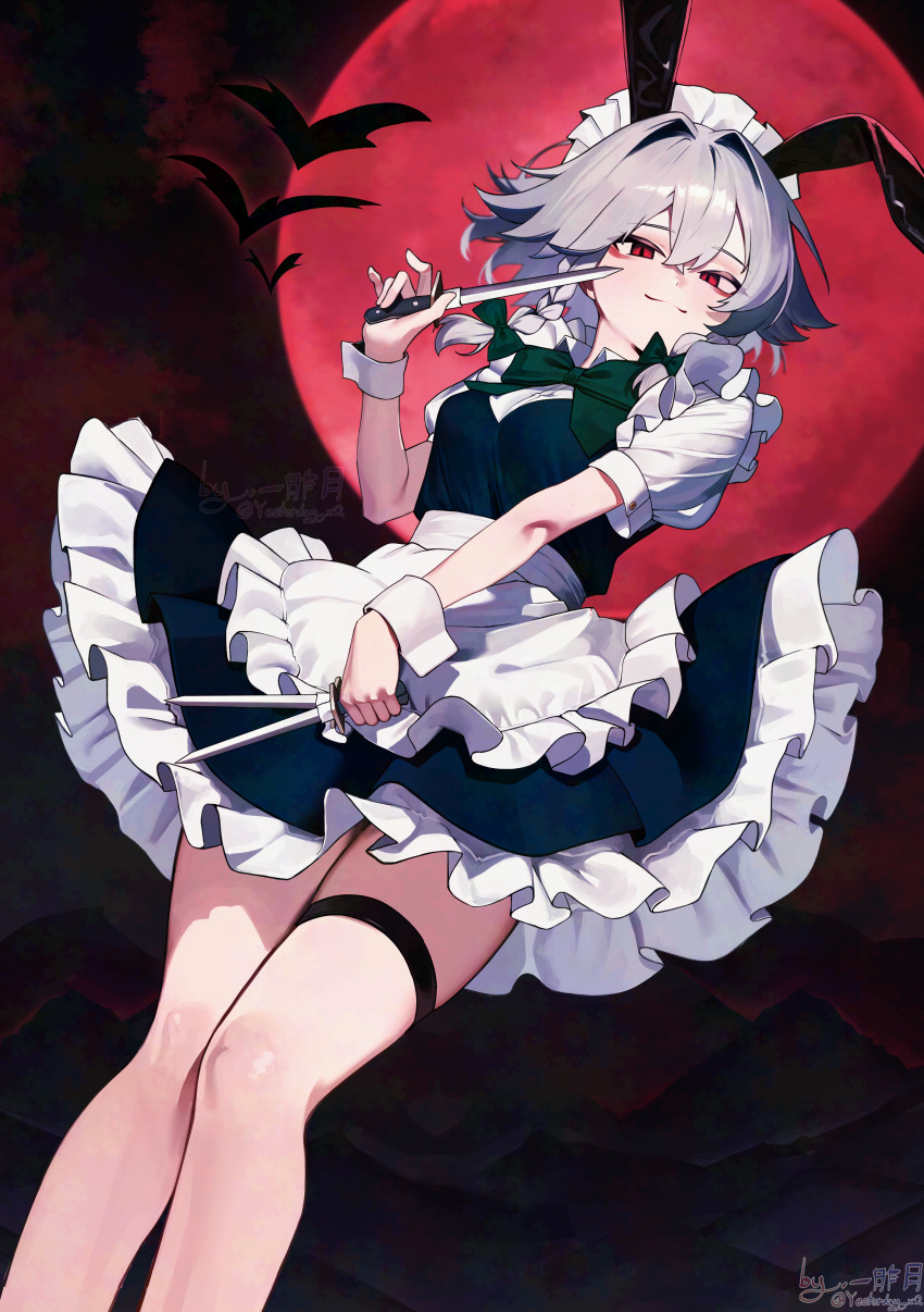 1girl :3 absurdres animal_ears apron artist_name bare_legs bat_(animal) blue_dress bow bowtie braid closed_mouth dress dutch_angle fake_animal_ears feet_out_of_frame frilled_apron frilled_dress frills full_moon green_bow green_bowtie grey_hair hair_between_eyes hair_intakes hand_up highres holding holding_knife izayoi_sakuya knife looking_at_viewer maid maid_headdress mixed-language_commentary moon mountainous_horizon night night_sky outdoors puffy_short_sleeves puffy_sleeves qwas69 rabbit_ears red_eyes red_moon short_sleeves signature sky smile solo standing thigh_strap touhou twin_braids twitter_username waist_apron white_apron wrist_cuffs