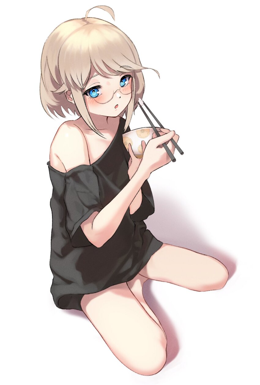 1girl :o ahoge black-framed_eyewear black_shirt blonde_hair blue_eyes blush bowl buket_pudding_i chopsticks collarbone dot_nose full_body glasses highres holding holding_bowl holding_chopsticks kneeling no_pants off-shoulder_shirt off_shoulder open_mouth original semi-rimless_eyewear shadow shirt simple_background solo swept_bangs white_background