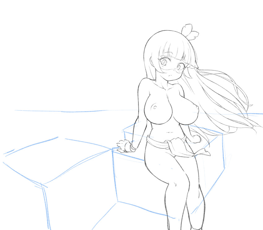 1girl breasts drawfag hair_ornament highres huge_breasts kuruminha leaf_hair_ornament loincloth long_hair looking_at_viewer navel nipples simple_background sitting sketch sketch_background thighs