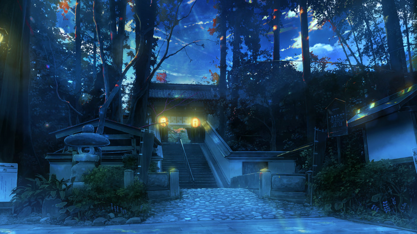 architecture banner blue_sky branch building bush cloud east_asian_architecture entrance highres kamo_nasus. lantern leaf night night_sky no_humans original outdoors paper_lantern railing road rural scenery shrine sign sky stairs stone_floor stone_stairs summer sunlight torii tree