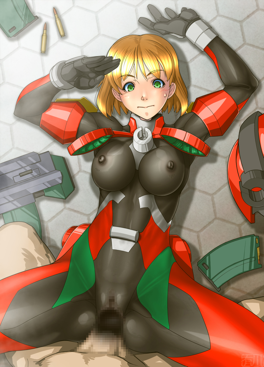 1boy 1girl absurdres blonde_hair blush bodysuit breasts bullet capcom censored clothed_sex covered_erect_nipples green_eyes gun helmet hetero highres lying missionary omokane_saki pov qkat_(arikawa-dou) quiz_nanairo_dreams salute sex short_hair skin_tight solo_focus spread_legs sweat through_clothes vaginal weapon