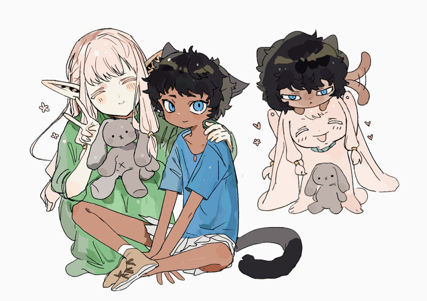 1boy 1girl ^_^ affectionate aged_down animalization black_hair blonde_hair blue_eyes blush cat cat_boy child closed_eyes crossed_ankles curly_hair dark-skinned_male dark_skin dress dungeon_meshi elf full_body green_dress hand_on_another&#039;s_shoulder kabru kemonomimi_mode long_hair long_zhi_feng_di_renxin_poce looking_at_viewer low-tied_sidelocks milsiril_(dungeon_meshi) mother_and_son multiple_views pointy_ears rabbit shirt short_hair simple_background sitting smile stuffed_animal stuffed_rabbit stuffed_toy t-shirt v white_background