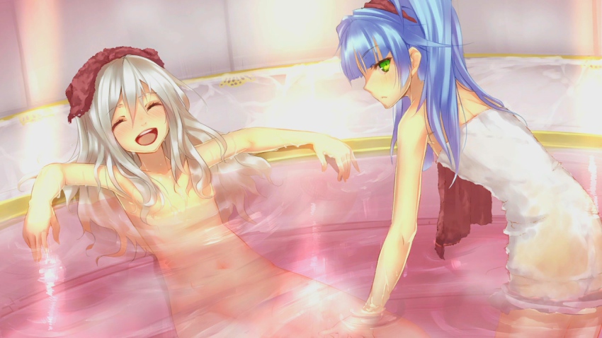 2girls :d ^_^ ar_nosurge bathing blonde_hair casty_rianoit casty_riernoit censored closed_eyes convenient_censoring closed_eyes flat_chest green_eyes hair_between_eyes leaning_forward long_hair multiple_girls naked_towel ntny nude official_art open_mouth sarly_planck sitting smile surge_concerto towel towel_on_head water white_hair yuri