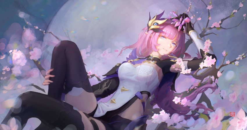 1girl absurdres black_footwear black_gloves black_shorts blue_eyes breasts cherry_blossoms chinese_commentary cleavage clothing_cutout commentary commentary_request corset elf elysia_(honkai_impact) elysia_(miss_pink_elf)_(honkai_impact) english_commentary full_moon gloves highres honkai_(series) honkai_impact_3rd long_hair medium_breasts mithiril mixed-language_commentary moon on_branch parted_lips pink_hair pointy_ears short_shorts shorts side_cutout solo thighs white_corset