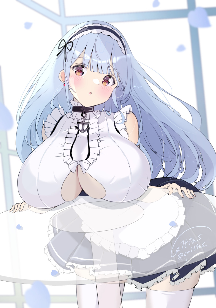 1girl anchor_choker apron azur_lane bad_id bad_pixiv_id breast_rest breasts caltins center_frills clothing_cutout dido_(azur_lane) frills glass_table hairband highres lace-trimmed_hairband lace_trim large_breasts long_hair maid maid_headdress table thighhighs underboob underboob_cutout waist_apron white_apron white_thighhighs