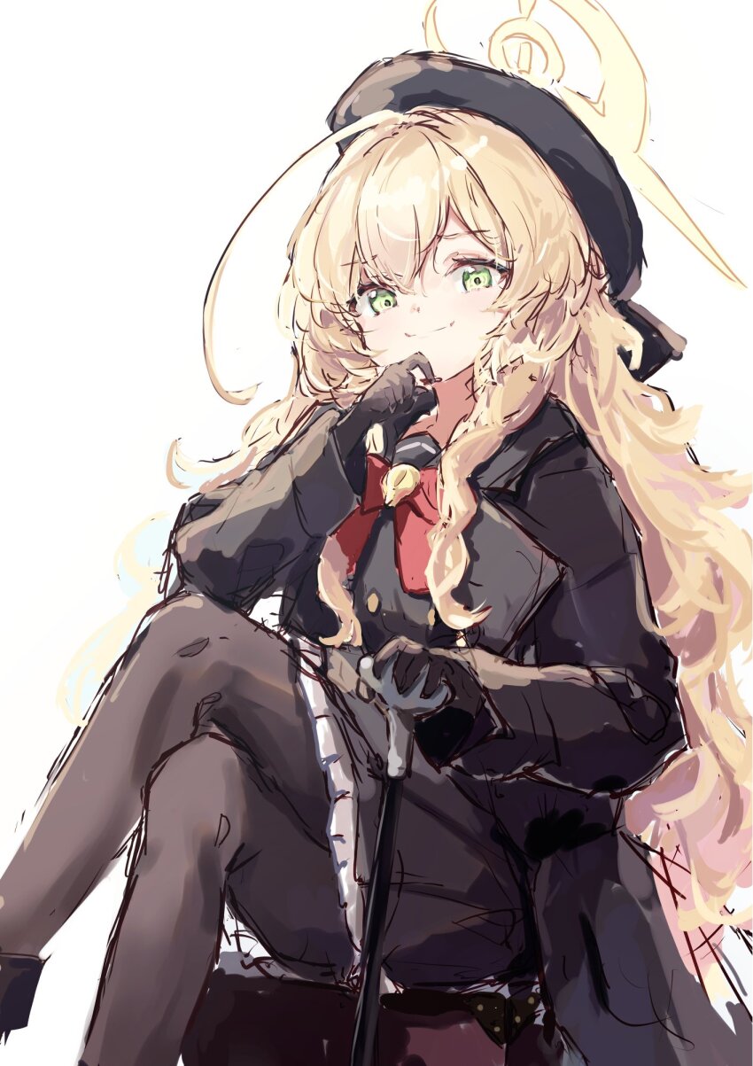 1girl ahoge aruka beret black_coat black_gloves black_hat black_pantyhose black_skirt blonde_hair blue_archive bow bowtie cane closed_mouth coat crossed_legs feet_out_of_frame gloves green_eyes hair_between_eyes halo hand_on_own_chin hat highres holding long_hair long_sleeves looking_at_viewer pantyhose professor_niyaniya_(blue_archive) red_bow red_bowtie sailor_collar simple_background sitting sketch skirt smile solo white_background