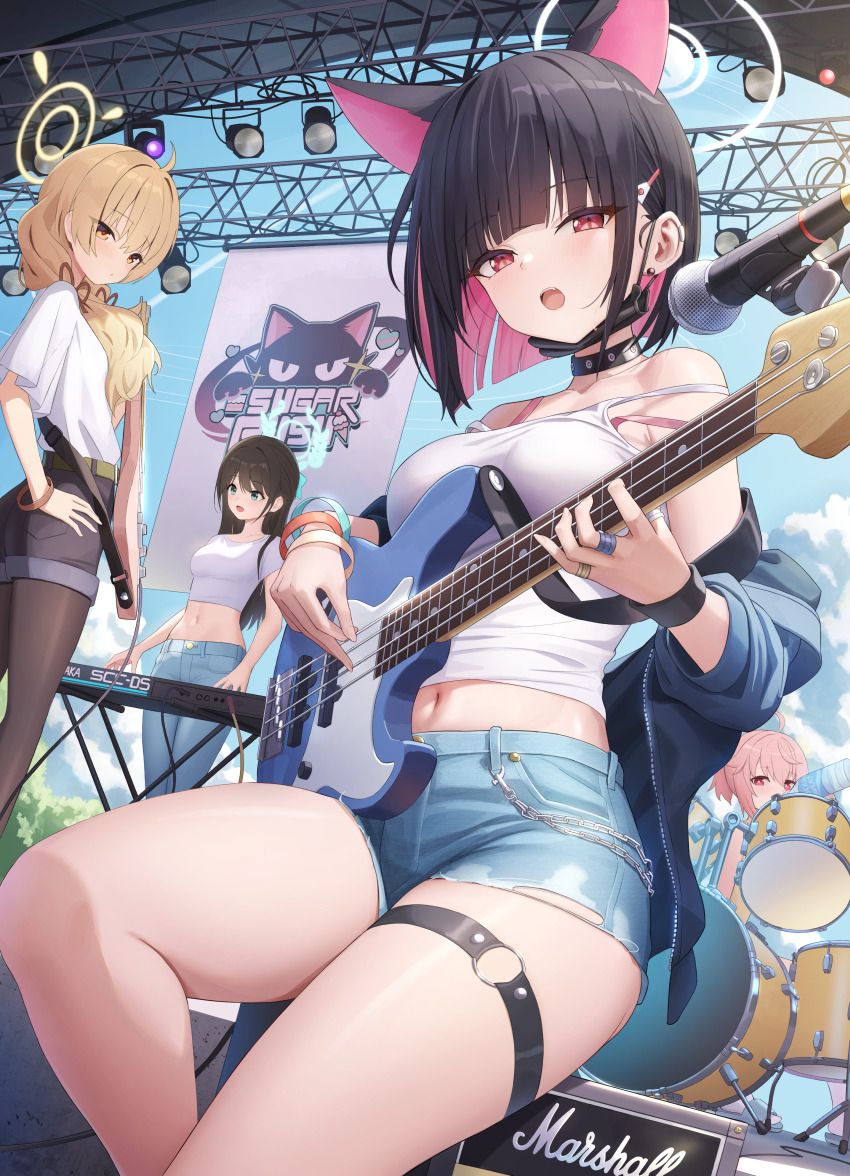 4girls absurdres after-school_sweets_club_(blue_archive) ahoge airi_(band)_(blue_archive) airi_(blue_archive) animal_ears black_choker black_hair black_hoodie black_mask black_pantyhose blue_archive blue_sky blunt_bangs blush brown_hair cat_choker cat_ears choker colored_inner_animal_ears colored_inner_hair denim denim_shorts drum earrings extra_ears eyelashes hair_ornament hairclip halo hand_on_own_hip highres holding hood hoodie instrument jacket jewelry k_(kih8707) kazusa_(band)_(blue_archive) kazusa_(blue_archive) keyboard_(instrument) korean_commentary long_hair looking_at_another looking_at_viewer mask_pull microphone multicolored_hair multiple_girls natsu_(band)_(blue_archive) natsu_(blue_archive) navel o-ring_strap official_alternate_costume open_clothes open_jacket open_mouth pantyhose pink_hair pink_halo playing_guitar red_eyes shirt short_hair shorts sitting sky slit_pupils solo_focus stage stage_lights strap_slip tank_top thigh_strap thighs two-tone_hair white_shirt yellow_eyes yellow_halo yoshimi_(band)_(blue_archive) yoshimi_(blue_archive)