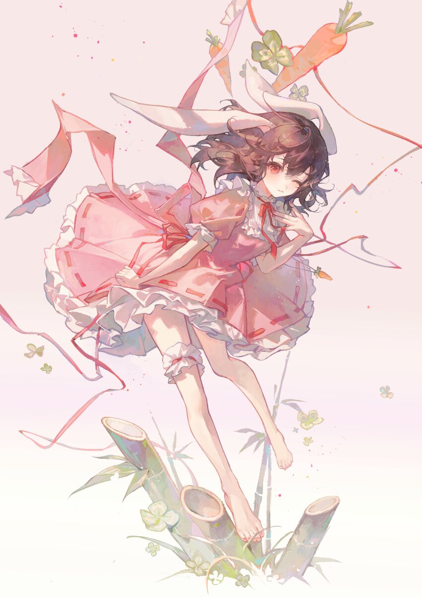 1girl ;3 absurdres animal_ears bamboo barefoot bridal_garter brown_hair carrot carrot_necklace closed_mouth clover commentary dress four-leaf_clover frilled_dress frills full_body gradient_background hand_up highres inaba_tewi jewelry long_hair looking_at_viewer lop_rabbit_ears maccha_(mochancc) nail_polish neck_ribbon necklace one_eye_closed pink_dress pink_nails puffy_short_sleeves puffy_sleeves rabbit_ears rabbit_girl red_eyes red_ribbon ribbon ribbon-trimmed_dress ribbon_trim short_sleeves smile solo symbol-only_commentary toenail_polish toenails touhou unworn_jewelry unworn_necklace white_background