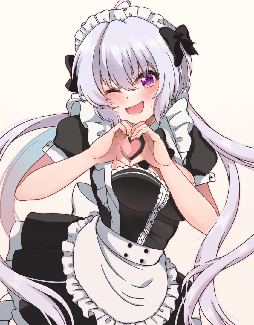 1girl absurdres alternate_costume apron black_bow black_dress blush bow dress enmaided frilled_apron frills grey_hair hair_bow highres kasaki_naru looking_at_viewer low_twintails maid maid_apron maid_headdress one_eye_closed open_mouth puffy_short_sleeves puffy_sleeves purple_eyes senki_zesshou_symphogear short_sleeves smile solo sweatdrop twintails yukine_chris