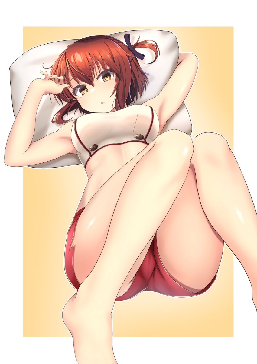 1girl border breasts brown_eyes brown_hair commentary_request crop_top etou_kanami highres looking_at_viewer lying medium_breasts midriff okaka_factory one_side_up parted_lips pillow red_shorts short_hair short_shorts shorts solo toji_no_miko white_border yellow_background