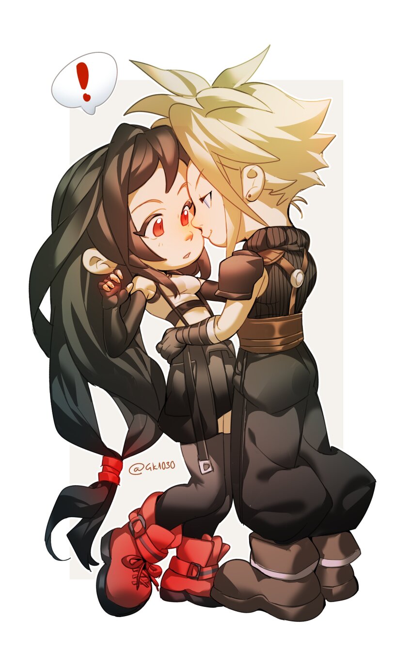 ! 1boy 1girl 4k1030 absurdres armor baggy_pants bare_shoulders black_gloves black_hair black_pants black_skirt black_thighhighs blonde_hair blue_eyes boots breasts brown_footwear closed_mouth cloud_strife couple crop_top deformed earrings elbow_gloves eye_contact final_fantasy final_fantasy_vii final_fantasy_vii_rebirth final_fantasy_vii_remake fingerless_gloves from_side full_body gloves hand_on_another&#039;s_hip highres jewelry long_hair looking_at_another low-tied_long_hair medium_breasts midriff miniskirt pants parted_lips pleated_skirt profile red_eyes red_footwear ribbed_sweater short_hair shoulder_armor skirt sleeveless sleeveless_turtleneck smile spiked_hair spoken_exclamation_mark standing stud_earrings suspender_skirt suspenders sweater tank_top thighhighs tifa_lockhart turtleneck turtleneck_sweater twitter_username very_long_hair white_tank_top