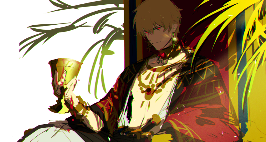 1boy alcohol arm_up blonde_hair chalice closed_mouth commentary cup ear_piercing earrings fate/stay_night fate_(series) gilgamesh_(fate) hair_between_eyes highres holding holding_cup jewelry looking_to_the_side male_focus necklace open_clothes open_robe overflowing palm_leaf patterned_clothing piercing red_eyes red_robe red_wine robe short_hair sideways_glance simple_background sitting sitting_on_throne sketch smile solo throne unfinished white_background wine yarr