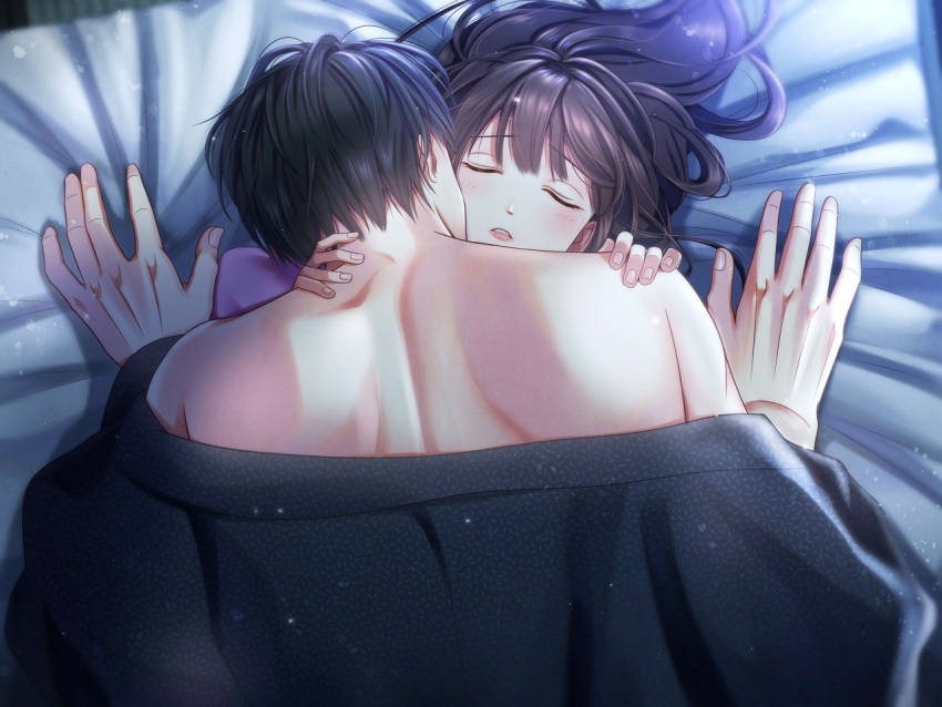 1boy 1girl back bare_shoulders bed_sheet black_hair blush brown_hair closed_eyes hetero izumi_(stardustalone) japanese_clothes kimono long_hair lying on_back original sheet_grab