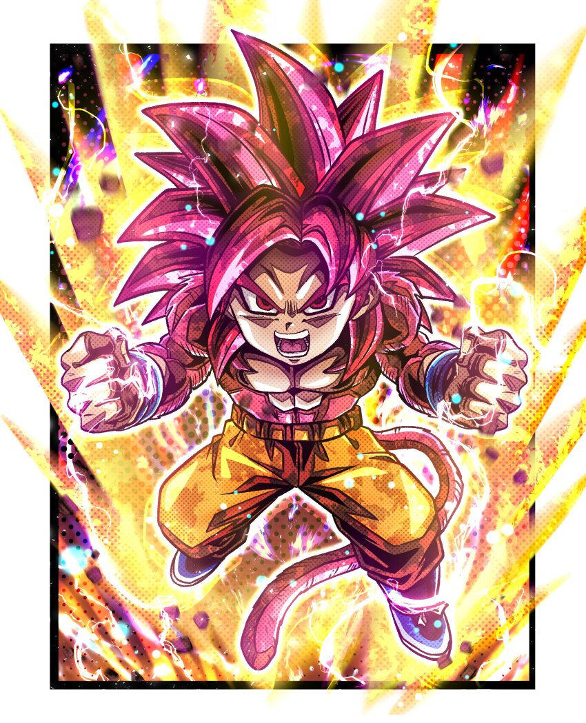 1boy absurdres aura body_fur border chibi dragon_ball dragon_ball_daima electricity highres long_hair male_focus monkey_tail muscular muscular_male orange_pants pants red_fur red_hair red_tail solo son_goku spiked_hair super_saiyan super_saiyan_4 tail topless_male ushi_(akabec0) white_border