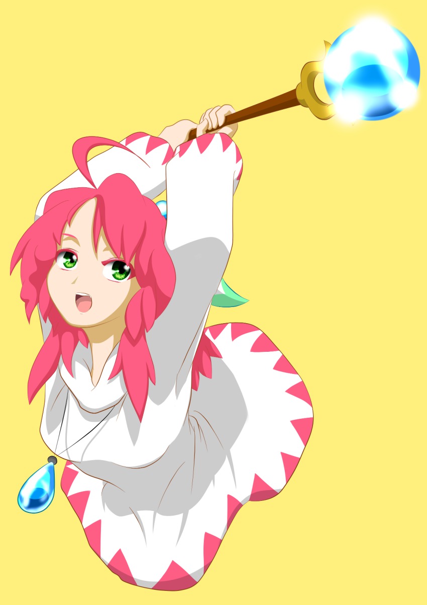 1girl arms_up female_focus final_fantasy green_eyes highres hood jewelry long_hair open_mouth pendant pink_hair plugman_(artist) robe shirma simple_background solo staff white_mage_(final_fantasy)