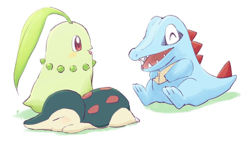 blush chikorita closed_eyes creatures_(company) cyndaquil game_freak gen_2_pokemon grass happy highres ja6m6 leaf looking_at_another lying nintendo no_humans on_stomach open_mouth pokemon pokemon_(creature) red_eyes sitting smile teeth totodile white_background