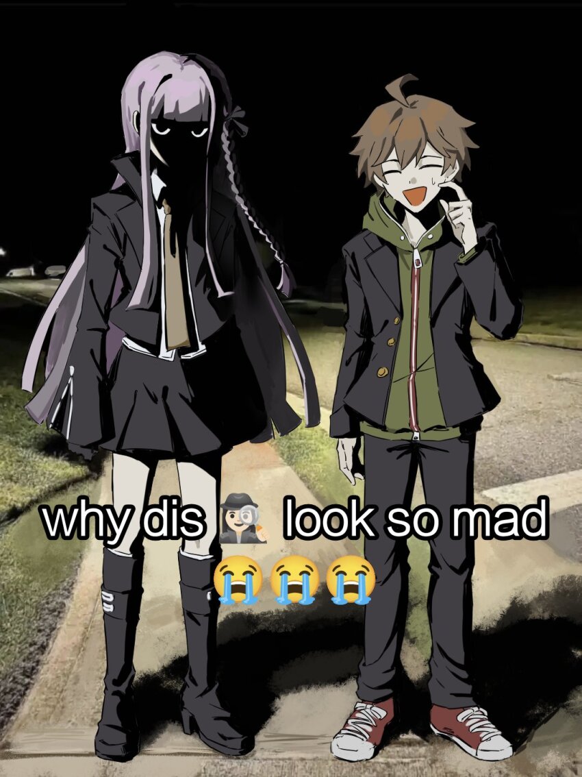 1boy 1girl ahoge black_footwear black_jacket black_pants black_ribbon black_skirt blunt_bangs boots braid brown_hair brown_necktie crying_emoji danganronpa:_trigger_happy_havoc danganronpa_(series) daodao emoji english_text eyes_in_shadow face_in_shadow hair_ribbon highres jacket kirigiri_kyoko knee_boots long_sleeves meme miniskirt naegi_makoto necktie night open_clothes open_jacket outdoors pants pleated_skirt ribbon shaded_face short_hair side_braid sidewalk skirt why_dis_ninja_look_so_mad_(meme)