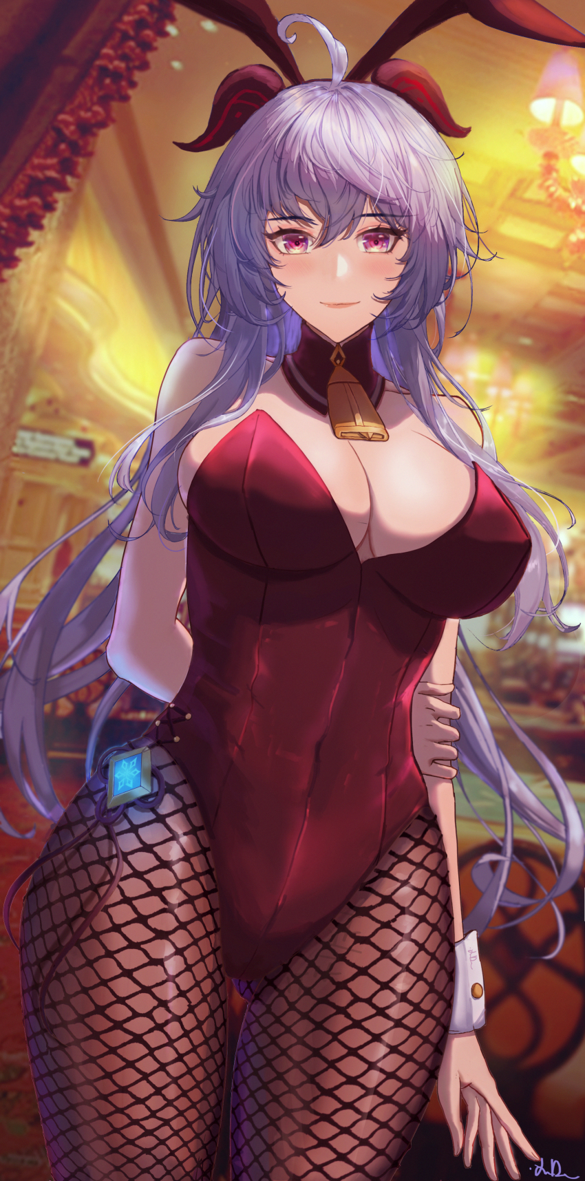 1girl absurdres ahoge animal_ears arms_behind_back bare_shoulders bell black_pantyhose blue_hair blush breasts cleavage closed_mouth collarbone covered_navel cowbell cowboy_shot crossed_bangs fake_animal_ears fishnet_pantyhose fishnets ganyu_(genshin_impact) genshin_impact goat_horns hair_between_eyes highres horns indoors large_breasts leotard long_hair looking_at_viewer pantyhose playboy_bunny purple_eyes rabbit_ears red_leotard revision signature sleeveless smile solo strapless strapless_leotard vision_(genshin_impact) wrist_cuffs xude