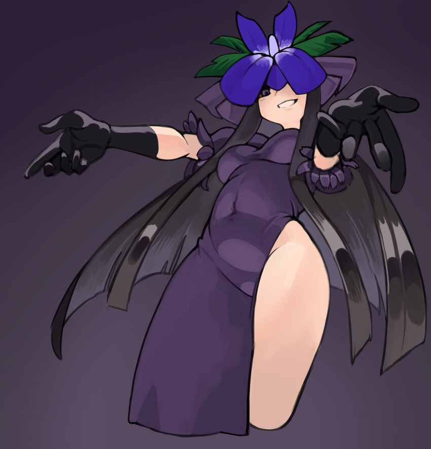 1girl black_eyes black_gloves black_hair breasts china_dress chinese_clothes commentary covered_navel cowboy_shot cropped_legs dress elbow_gloves flower flower_on_head gloves grin highres leaning_back long_hair looking_at_viewer medium_breasts one_eye_covered outstretched_arms purple_background purple_dress purple_flower qwas69 reaching reaching_towards_viewer sidelocks smile solo touhou very_long_hair yomotsu_hisami