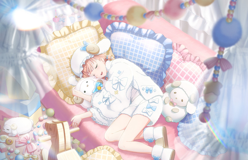 1girl blurry blurry_foreground brown_slippers closed_eyes cotton=utopia_(love_live!) couch crossed_bangs frilled_hat frills from_above full_body game_cg grey_shirt hat heart heart-shaped_pillow highres hinoshita_kaho hugging_doll hugging_object jacket link!_like!_love_live! love_live! lying medium_hair official_art on_couch on_side open_clothes open_jacket open_mouth orange_hair pillow shirt shorts sleeping slippers socks solo striped_clothes striped_shirt stuffed_animal stuffed_sheep stuffed_toy third-party_source virtual_youtuber white_hat white_jacket white_shorts white_socks