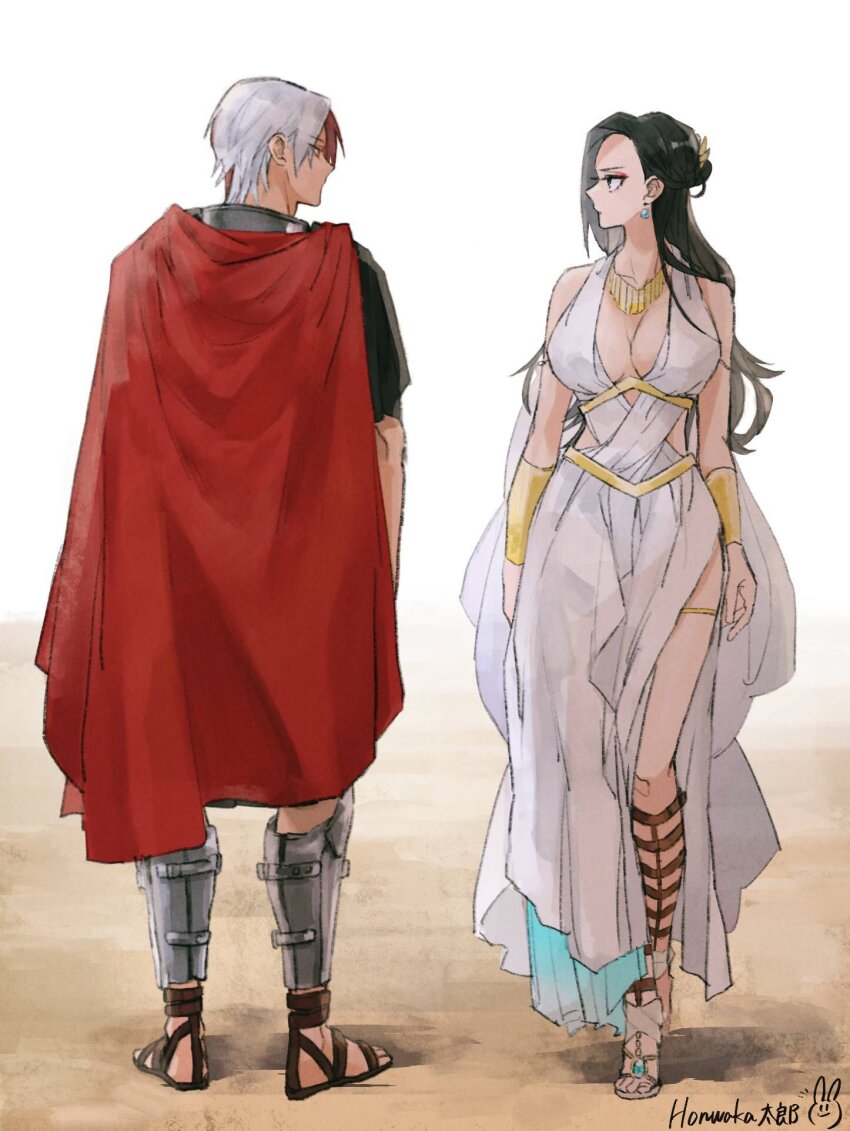 1boy 1girl black_hair boku_no_hero_academia breasts cape cleavage dress earrings eyeshadow floating_earring full_body gladiator_sandals gold_armlet gold_necklace highres honwaka_zz jewelry leg_armor long_dress long_hair looking_at_another makeup multicolored_hair necklace red_cape red_eyeshadow red_hair sandals short_hair side_slit signature standing todoroki_shoto todoroki_shouto two-tone_hair very_long_hair walking white_background white_dress white_hair yaoyorozu_momo