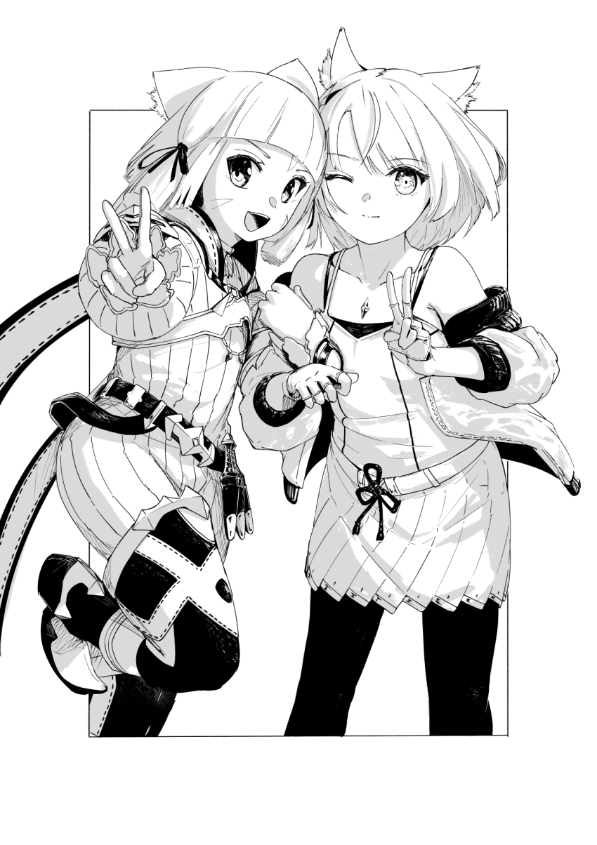 2girls animal_ear_fluff animal_ears belt blunt_bangs boots camisole cat_ears chest_jewel chin_bell collarbone facial_mark gloves greyscale highres jacket jumpsuit locked_arms looking_at_viewer mio_(xenoblade) monochrome multiple_girls nia_(xenoblade) one_eye_closed open_clothes open_jacket open_mouth outside_border pantyhose short_hair skirt tank_top thigh_boots v xenoblade_chronicles_(series) xenoblade_chronicles_2 xenoblade_chronicles_3