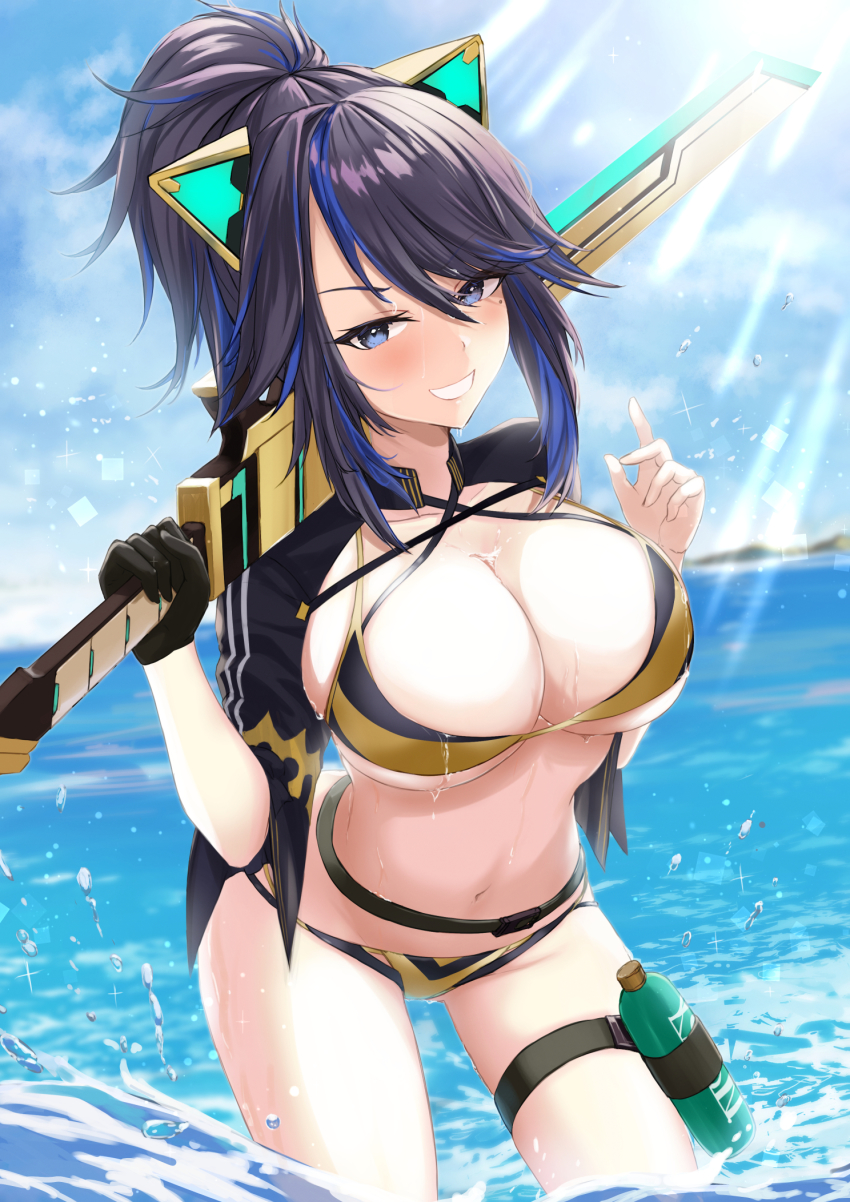 1girl alulunkiruto animal_ears bikini black_gloves black_jacket blue_eyes blush bottle breasts cat_ears cleavage commentary fake_animal_ears gloves halterneck highres jacket katana kson kson_(swimsuit) large_breasts long_hair looking_at_viewer multicolored_hair navel ponytail purple_hair souchou streaked_hair sunlight swimsuit sword thigh_strap virtual_youtuber vshojo water water_bottle weapon wet yellow_bikini