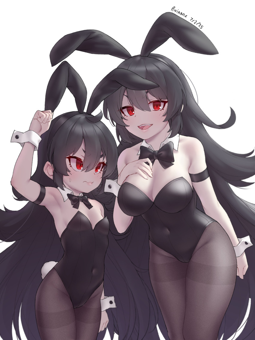 2girls absurdres animal_ears arm_strap artist_name black_bow black_bowtie black_hair black_leotard bow bowtie breasts cleavage covered_navel dated detached_collar fake_animal_ears fangs hair_between_eyes highleg highleg_leotard highres illya_(princess_connect!) illya_(small)_(princess_connect!) leotard long_hair multiple_girls pantyhose playboy_bunny princess_connect! rabbit_ears rabbit_tail red_eyes ruinone simple_background small_breasts strapless strapless_leotard tail teeth upper_teeth_only vampire white_background white_wrist_cuffs wrist_cuffs