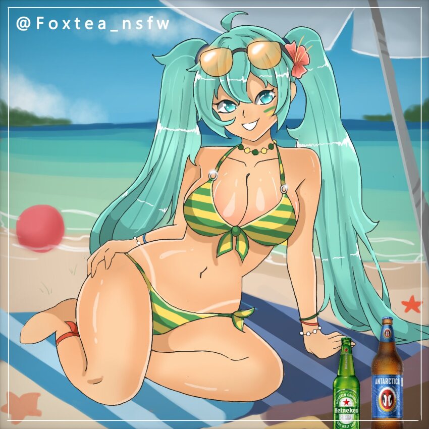 1girl beach bikini blue_eyes body_blush bracelet brazilian_miku breasts collar curvy foxtea hatsune_miku jewelry large_breasts navel nipples on_ground pussy pussy_juice self-upload sitting smile swimsuit tan tanline twitter_username vocaloid