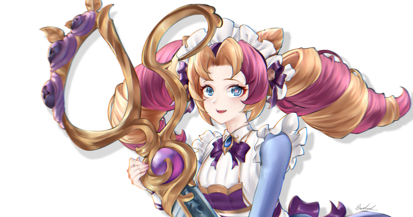 +_+ 1girl :d absurdres blonde_hair blue_bow blue_dress blue_eyes bow bowtie breasts bwcloud cafe_cuties_gwen cone_hair_bun dress gwen_(league_of_legends) hair_bun heterochromia highres league_of_legends long_sleeves looking_at_viewer maid maid_headdress multicolored_hair open_mouth oversized_object parted_bangs pink_hair red_hair scissors shiny_clothes signature simple_background smile solo teeth two-tone_hair upper_body upper_teeth_only white_background