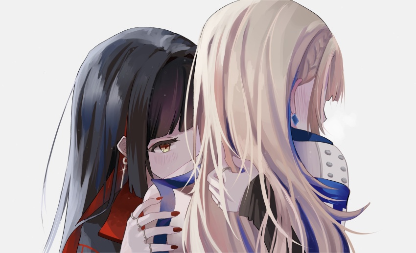 2girls absurdres azusawa_kohane black_hair blonde_hair blue_eyes blue_hair blush colored_inner_hair commentary ear_blush earrings hand_in_another&#039;s_hair highres jewelry kissing_shoulder multicolored_hair multiple_girls multiple_rings pink_background project_sekai red_hair red_nails ring shiraishi_an simple_background undressing_another yellow_eyes yuri zyuu_vivi