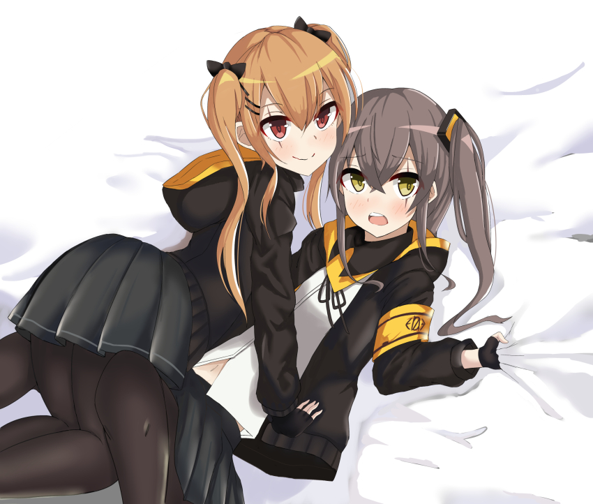 2girls 404_logo_(girls&#039;_frontline) armband bed_sheet black_bow black_jacket black_pantyhose black_ribbon black_skirt blush bow brown_hair collared_shirt commentary_request double-parted_bangs dress_shirt feet_out_of_frame flat_chest girls&#039;_frontline green_eyes hair_between_eyes hair_bow hair_ornament hairpin highres hood hood_down hooded_jacket jacket koenza_botoke long_hair long_sidelocks looking_at_viewer midriff_peek multiple_girls navel neck_ribbon on_bed one_side_up open_clothes open_jacket open_mouth pantyhose pleated_skirt red_eyes ribbon scar scar_across_eye shirt sidelocks skirt smile teeth twintails ump45_(girls&#039;_frontline) ump9_(girls&#039;_frontline) upper_teeth_only white_background white_shirt yellow_armband yuri