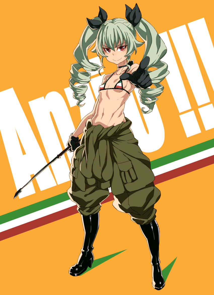 10s 1girl anchovy_(girls_und_panzer) anzio_military_uniform bare_shoulders bikini bikini_top_only black_gloves boots breasts clothes_around_waist drill_hair female_focus flag_background girls_und_panzer gloves green_hair hair_ribbon highres italian_flag jacket jacket_around_waist jodhpurs looking_at_viewer navel pants pointing pointing_at_viewer red_eyes ribbon riding_crop small_breasts smile solo swimsuit tasaka_shinnosuke twintails