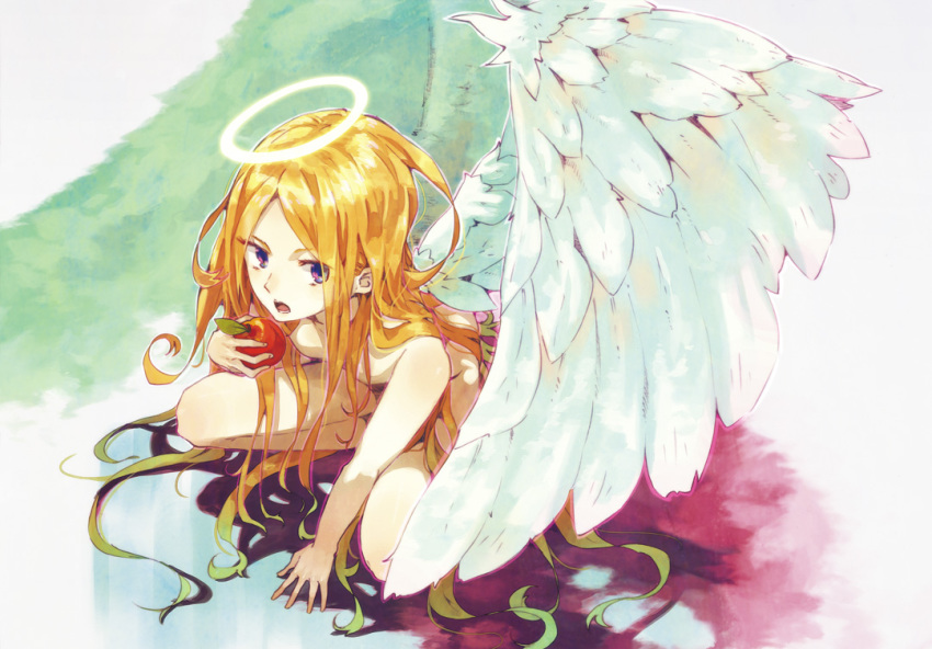 1girl angel angel_wings apple blonde_hair female_focus food fruit hair_censor halo hrd long_hair nude original purple_eyes solo squatting traditional_halo very_long_hair wings