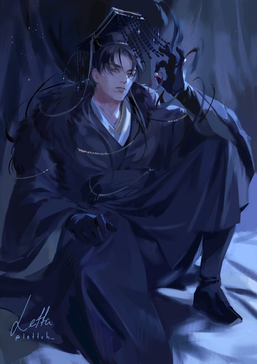 1boy absurdres beads black_footwear black_gloves black_hair black_hanfu black_hat blood boots chinese_clothes commentary english_commentary erha_he_tadebai_mao_shizun full_body fur-trimmed_robe fur_trim gloves grey_eyes guan_hat hand_on_own_thigh hanfu hat highres holding lettch long_hair long_sleeves looking_at_viewer male_focus mian_guan mo_ran parted_lips robe sash sitting solo sparkle wide_sleeves