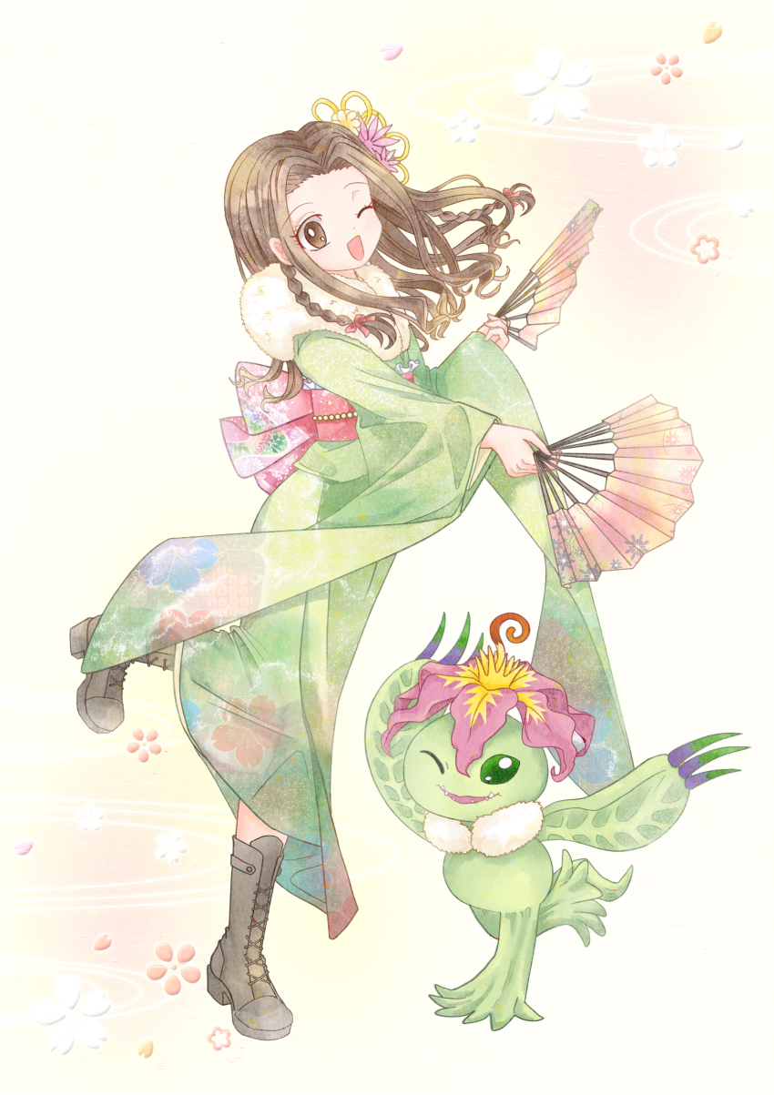 digimon digimon_(creature) flower japanese_clothes kimono palmon petals sharp_teeth tachikawa_mimi tail teeth