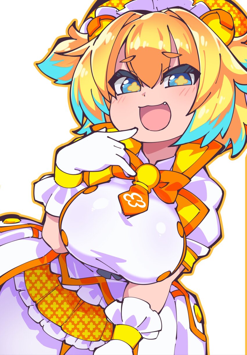 +_+ 1girl absurdres blue_eyes blush bombergirl bow breasts cross-shaped_pupils dress fang fukurou_(owl222) gloves gradient_hair grenade_hair_ornament hair_between_eyes highres large_breasts maid_headdress mesugaki multicolored_hair open_mouth orange_bow orange_outline outline pine_(bombergirl) puffy_short_sleeves puffy_sleeves short_hair short_sleeves solo symbol-shaped_pupils two-tone_hair white_dress white_gloves yellow_pupils